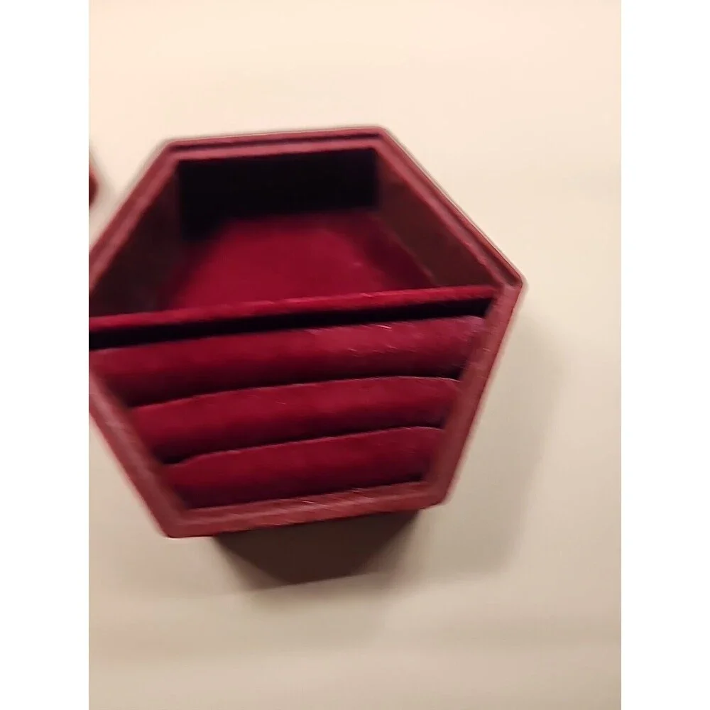 Velvet Jewelry Box Hexagon Dark Red Velvet Silver-Plate Godinger Vintage Ang